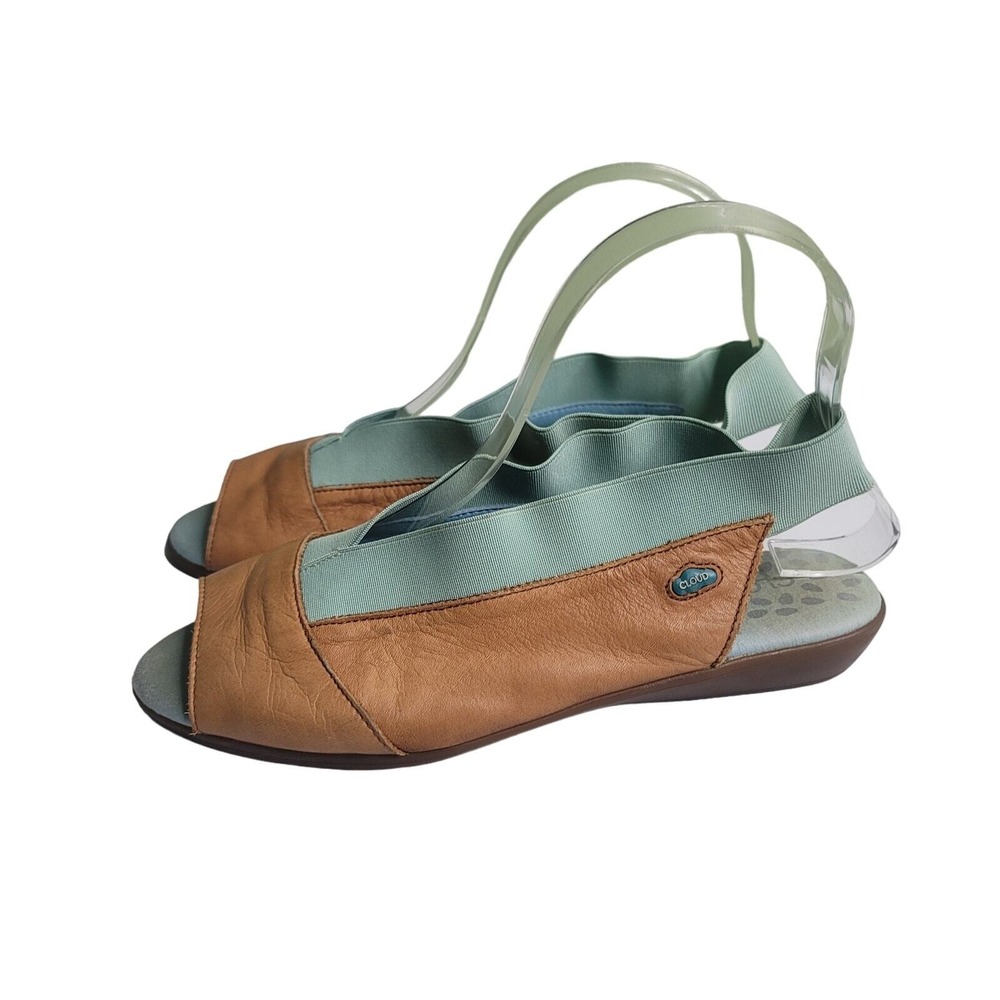 Cloud Caliber Leather Slingback Sandal Tan Blue Comfort Peep Toe Casual 6.5